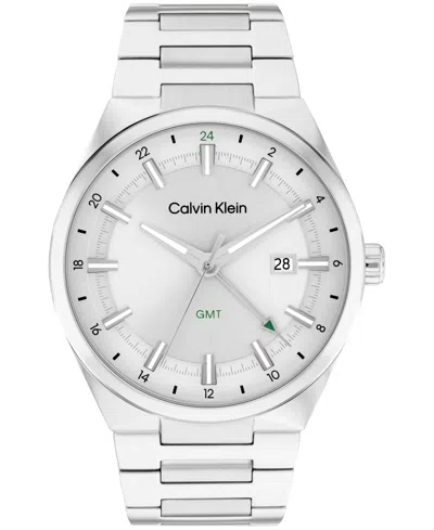 CALVIN KLEIN MEN'S DISTINGUISH GMT SILVER TONE STAINLESS STEEL BRACELET WATCH, 44MM