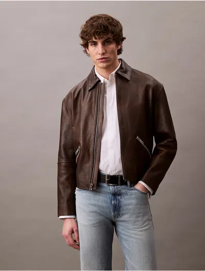 Calvin Klein Men's Distressed Leather Biker Jacket In Dusty Umber
