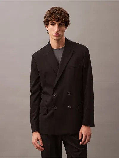 Calvin Klein Men's Double-breasted Wool Gabardine Blend Blazer In Black