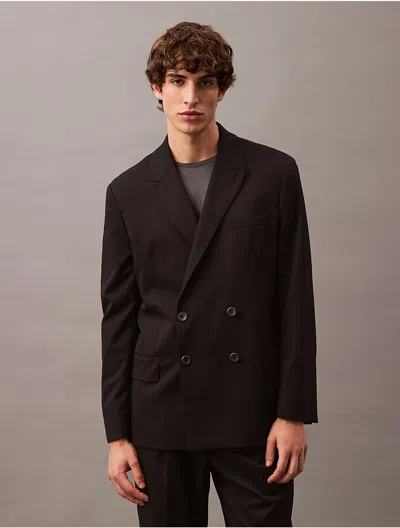 Calvin Klein Men's Double-breasted Wool Gabardine Blend Blazer In Black Beauty