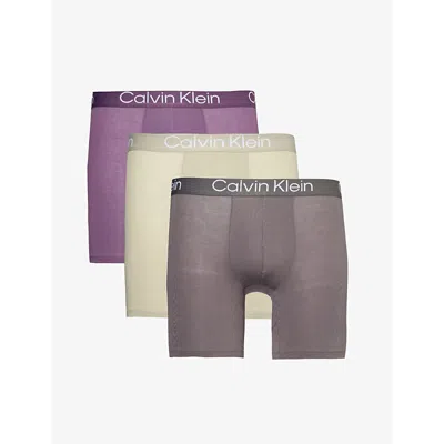 Calvin Klein Branded-waistband Mid-rise Pack Of Three Stretch-jersey Boxer Briefs In Eiffle,vint Violet,moss