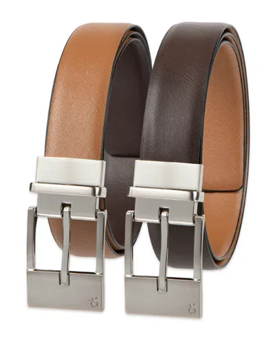 Calvin Klein Men's Elongated 2-in-1 Reversible Buckle Leather Dress Belt