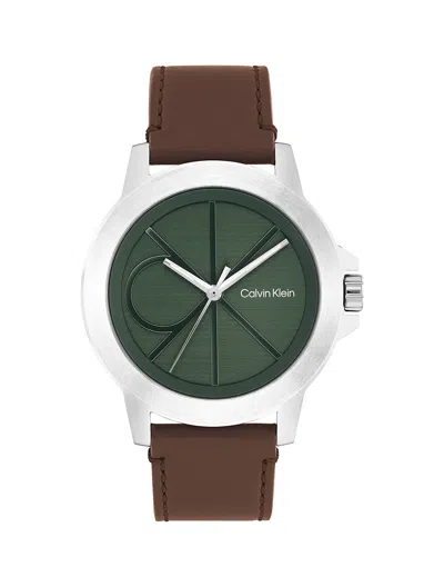 Calvin Klein Men's Emblem Dial Leather Strap Watch In Brown