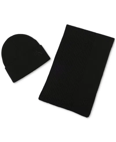 Calvin Klein Men's Embroidered Beanie & Scarf Set In Black