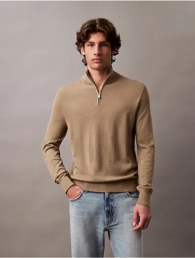 Calvin Klein Men's Extra Fine Merino Wool Blend Quarter Zip Sweater In Brown