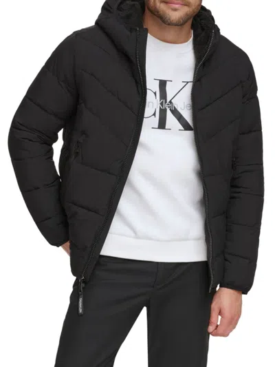 Calvin Klein Men's Faux Fur Hooded Pufferjacket In Ebony
