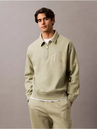 Calvin Klein Men's Fleece Monogram Logo Zip Polo Sweatshirt In Tea