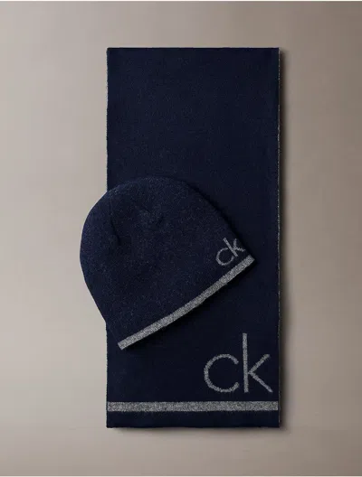 Calvin Klein Men's Flocked Monogram Logo Beanie And Scarf Set In Blue