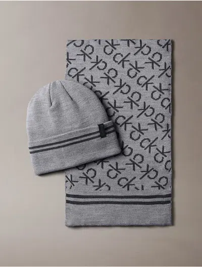 Calvin Klein Men's Flocked Monogram Logo Beanie And Scarf Set In Gray