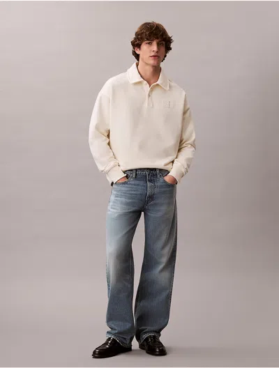 Calvin Klein Men's French Terry Emblem Logo Polo Sweatshirt In White