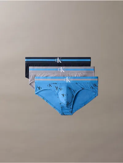 Calvin Klein Men's Graphic Monogram Cotton Stretch 3-pack Hip Brief In Quicksilver Multi
