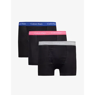 Calvin Klein Branded-waistband Pack Of Three Stretch-cotton Trunks In Hdwy Bl,griff,wild Flws