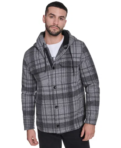 Calvin Klein Men's Hooded Drawstring Shirt Jacket In Grey Plaid