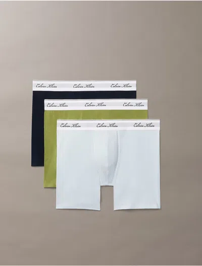 Calvin Klein Men's Icon Cotton Stretch Script 3-pack Boxer Brief In Dark Sapphire/iguana/plein Air