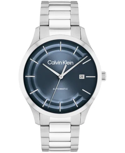 Calvin Klein Men's Iconic Automatic Sliver Stainless Steel Bracelet Watch 40mm In Blue