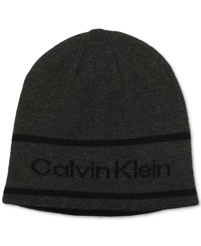 Calvin Klein Men's Jacquard Stripe Logo Beanie In Charcoal