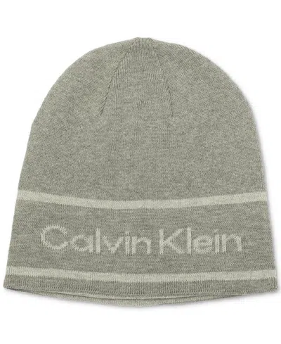 Calvin Klein Men's Jacquard Stripe Logo Beanie In Medium Grey