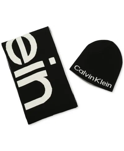 Calvin Klein Men's Large Logo Scarf & Beanie Set In Black