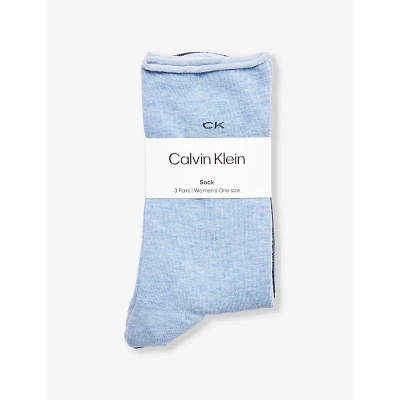 Calvin Klein Mens Light Blue Melange Roll Top Brand-print Pack Of Three Stretch-cotton Blend Socks