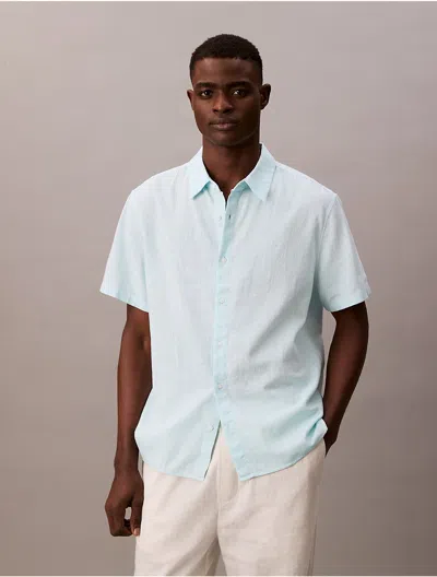 Calvin Klein Men's Linen Cotton Short Sleeve Classic Button-down Shirt In Blue