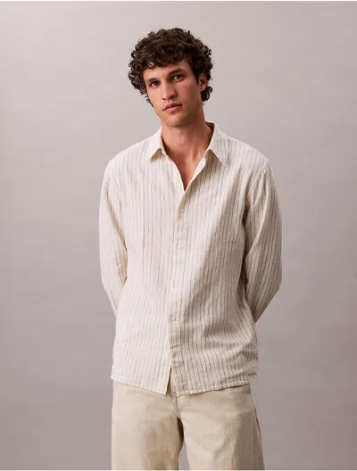 Calvin Klein Men's Linen Cotton Stripe Classic Button-down Shirt In Neutral