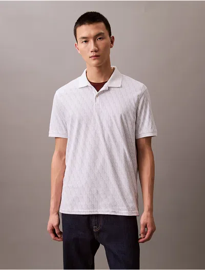 Calvin Klein Men's Liquid Touch Monogram Logo Print Polo Shirt In White