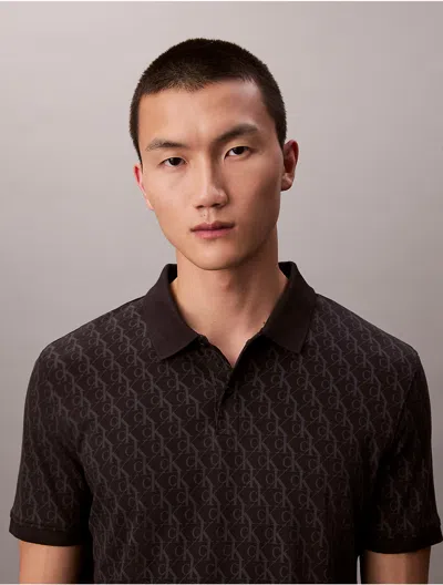 Calvin Klein Men's Liquid Touch Monogram Logo Print Polo Shirt In Brown