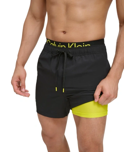 Calvin Klein Men's Logo Elastic Waist Modern Euro 5" Volley Swim Trunks In Black