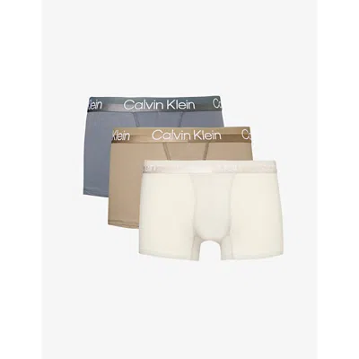 Calvin Klein Pack Of Three Recycled Cotton-blend Trunks In Mbeam,eucalyp, Turbu