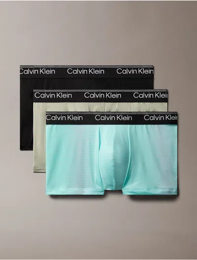 Calvin Klein Men's Micro Stretch 3-pack Low Rise Trunk In Black/palm Leaf Stripe+beau Blue/foggy Mauve