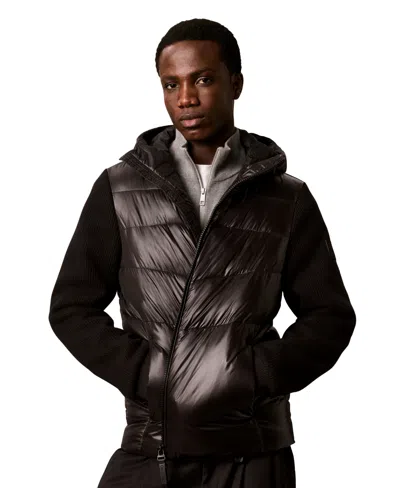 Calvin Klein Men's Mixed Media Hooded Puffer Jacket In Black