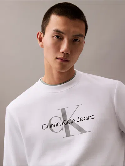 Calvin Klein Men's Monogram Logo Fleece Crewneck Sweatshirt In Brilliant White