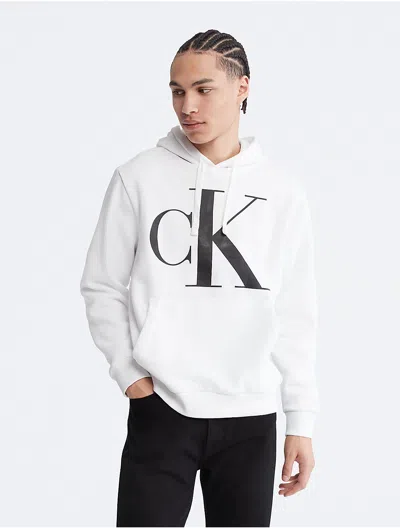 Calvin Klein Men's Monogram Logo Fleece Hoodie In White