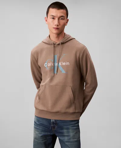 Calvin Klein Men's Monogram Logo Fleece Hoodie In Brown
