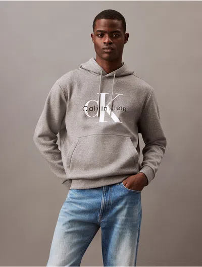 Calvin Klein Men's Monogram Logo Fleece Hoodie In Medium Grey Heather