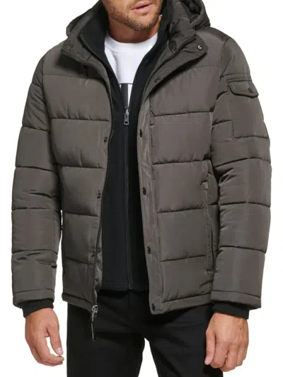Calvin Klein Men's Polar Hooded Puffer Bib Jacket In Alloy