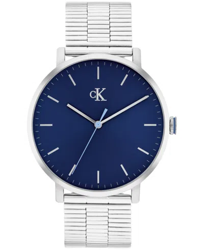 Calvin Klein Men's Real Silver Tone Stainless Steel Mesh Bracelet Watch, 42mm In Blue