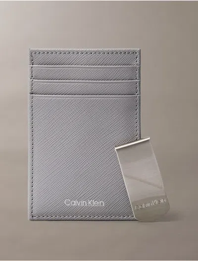 Calvin Klein Men's Refined Saffiano Card Case + Money Clip In Titanium
