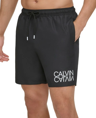 Calvin Klein Men's Reflection Logo Elastic Waist 7" Volley Swim Trunks In Black