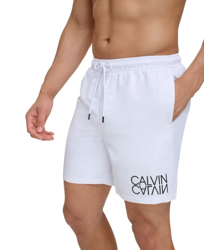 Calvin Klein Men's Reflection Logo Elastic Waist 7" Volley Swim Trunks In White