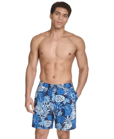 Calvin Klein Men's Regular-fit Quick-dry 5" Swim Trunks With Compression Short Liner In Navy Palm