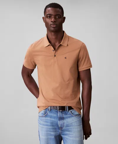 Calvin Klein Men's Regular-fit Smooth Cotton Monogram Logo Polo Shirt In Brown