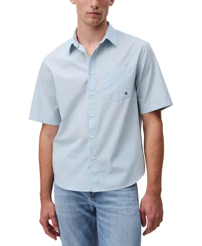 Calvin Klein Men's Relaxed Fit Short Sleeve Poplin Striped Button-front Shirt In Sterling Blue