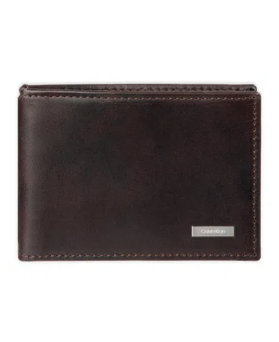 Calvin Klein Men's Rfid Two Tone Arcadia Leather Front Pocket Flick Bar Wallet In Brown