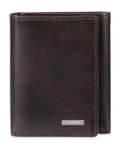 Calvin Klein Men's Rfid Two Tone Arcadia Leather Trifold Wallet In Brown