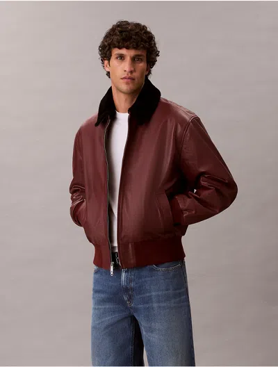 Calvin Klein Men's Shearling Collar Leather Bomber Jacket In Red