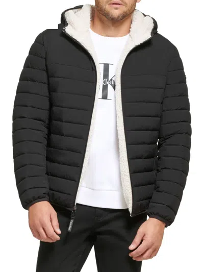 Calvin Klein Men's Sherpa Lined Hooded Puffer Jacket In Ebony