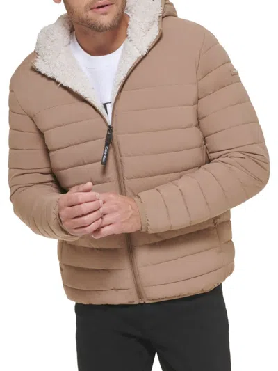 Calvin Klein Men's Sherpa Lined Hooded Puffer Jacket In Tan
