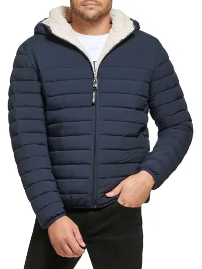 Calvin Klein Men's Sherpa Lined Hooded Puffer Jacket In True Navy