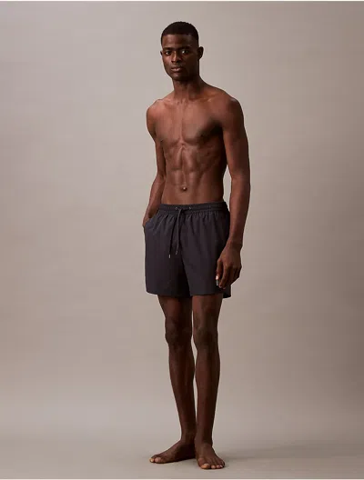 Calvin Klein Contrast Logo Waistband Drawstring Swim Shorts In Black